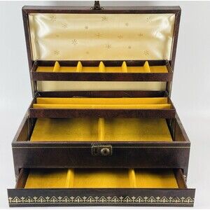 VTG MELE 4-Tier Jewelry Box MCM Mid-Century Faux Leather Satin Gold Velvet w KEY